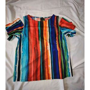 5/$25 Sz Med Petite EUC Women Blouse Cold Shoulder Watercolor Print